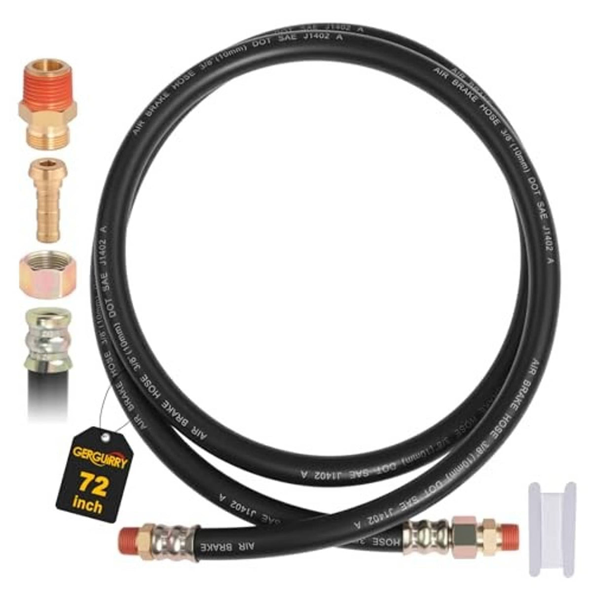 72-inch air brake hose assembly with black rubber line, brass ends, and white plastic spacer