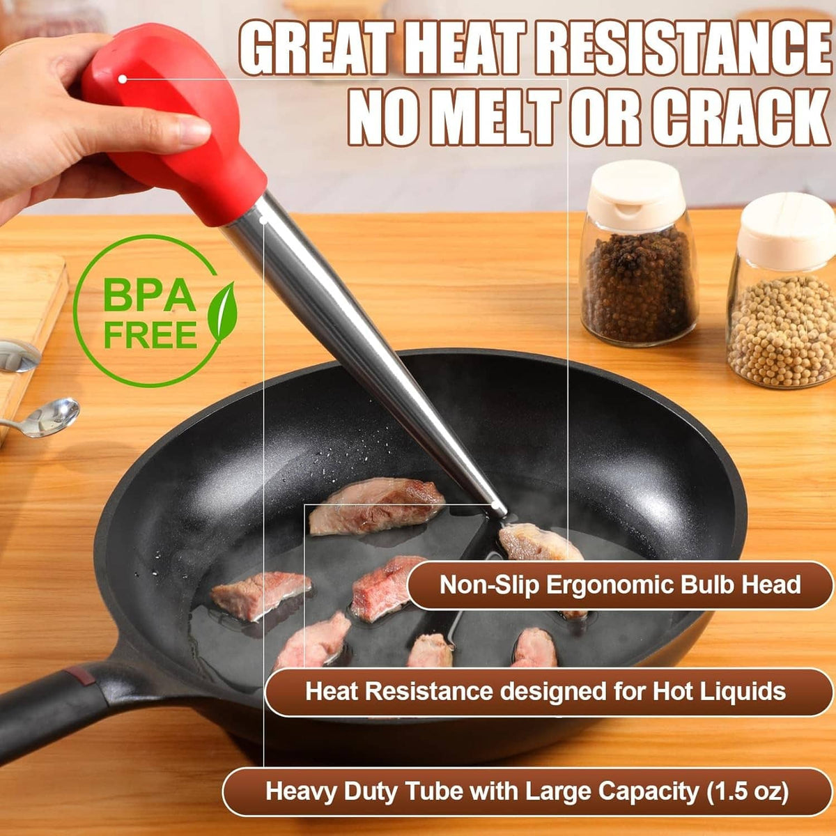Non-slip red bulb-head turkey baster with stainless tube for hot liquids