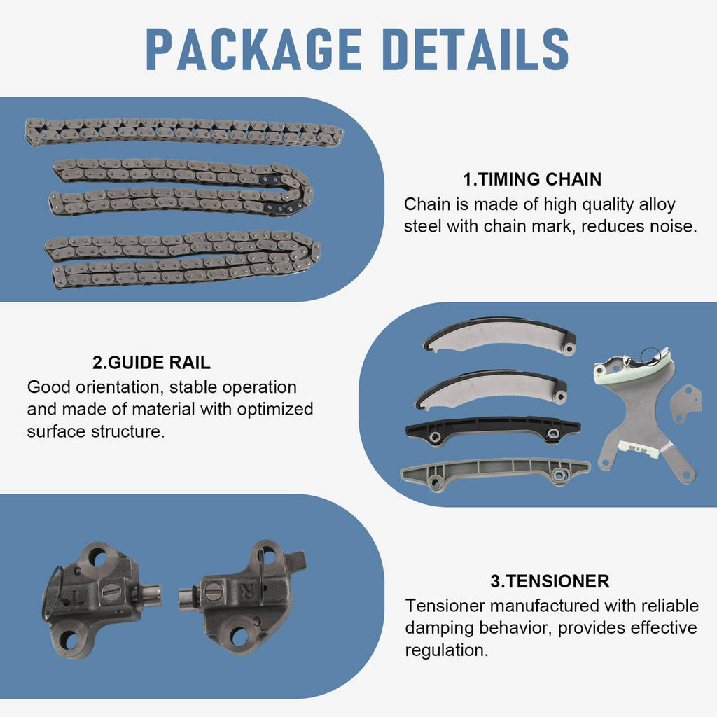 Timing chain kit package details: timing chains, guide rails, tensioners, and guide components