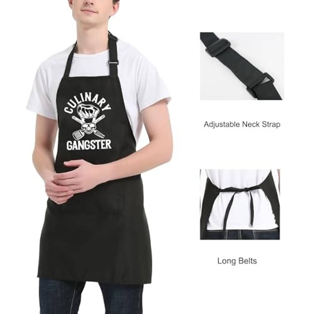 Black apron with skull-and-utensils print, adjustable neck strap and long waist ties.