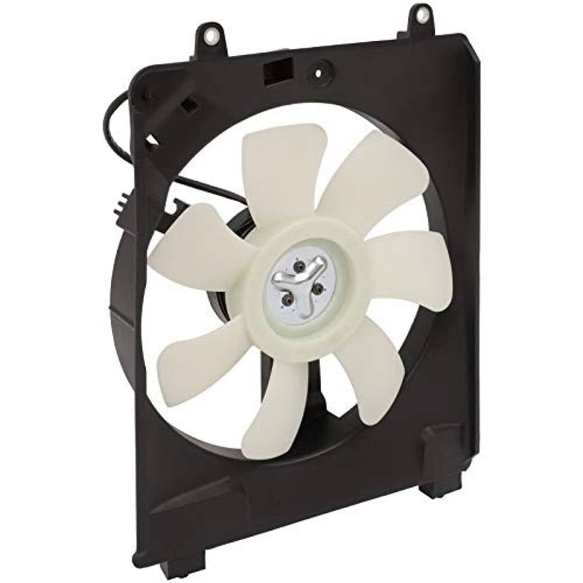 Black fan shroud with white blades, circular hub, and power lead on left
