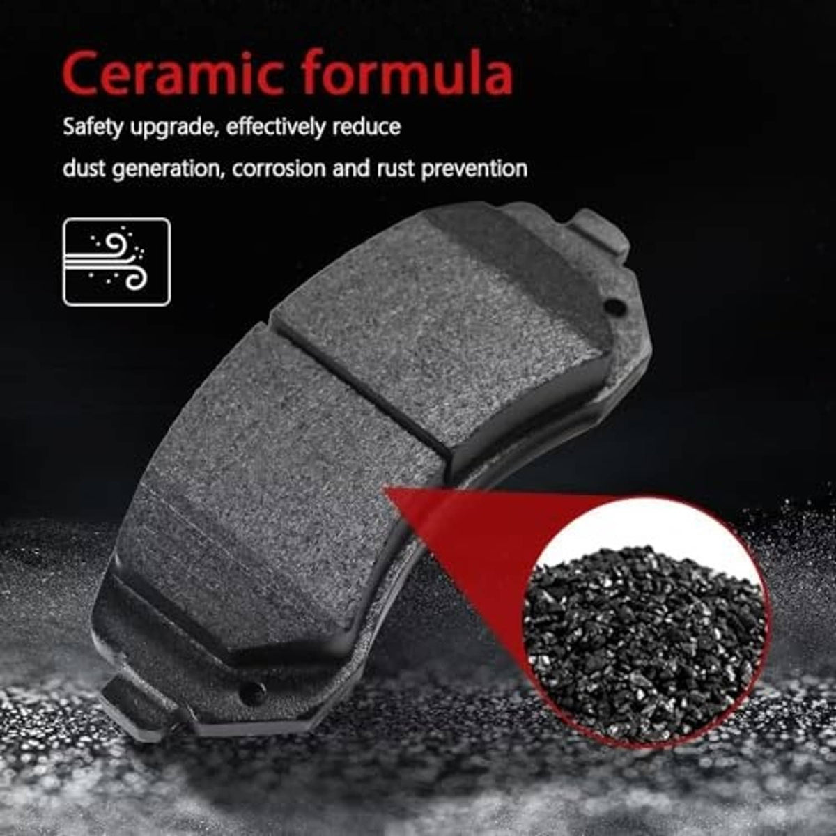 Ceramic brake pads close-up with textured gray friction surfaces and chamfered edges