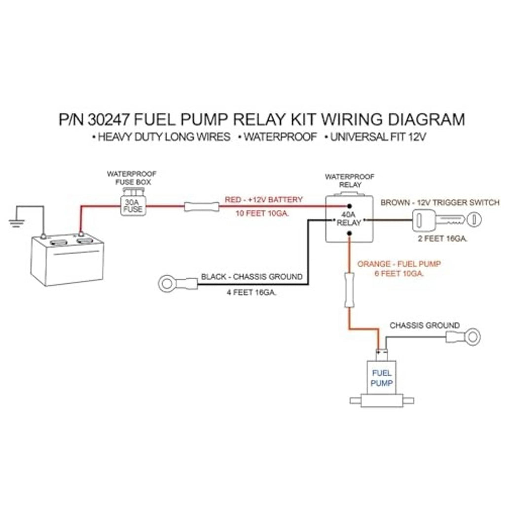 Fuel pump relay wiring diagram for a 12V system with labeled fuse and relay connections