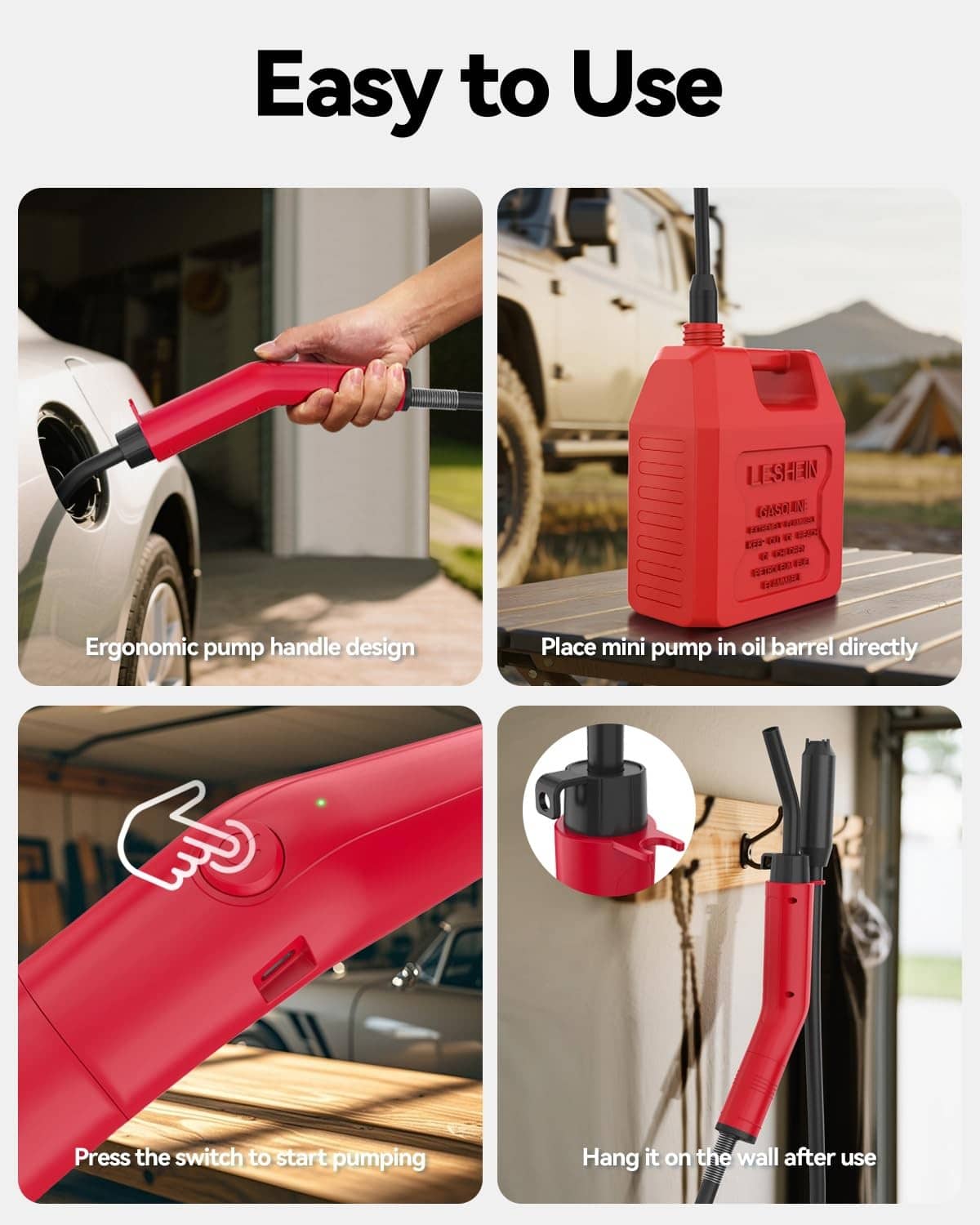 Ergonomic red fuel transfer pump with switch and hanging hook for storage