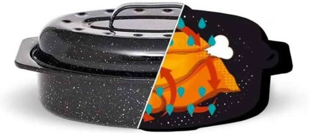 Black speckled oval roasting pan with lid and carry handle, decorated with a graphic