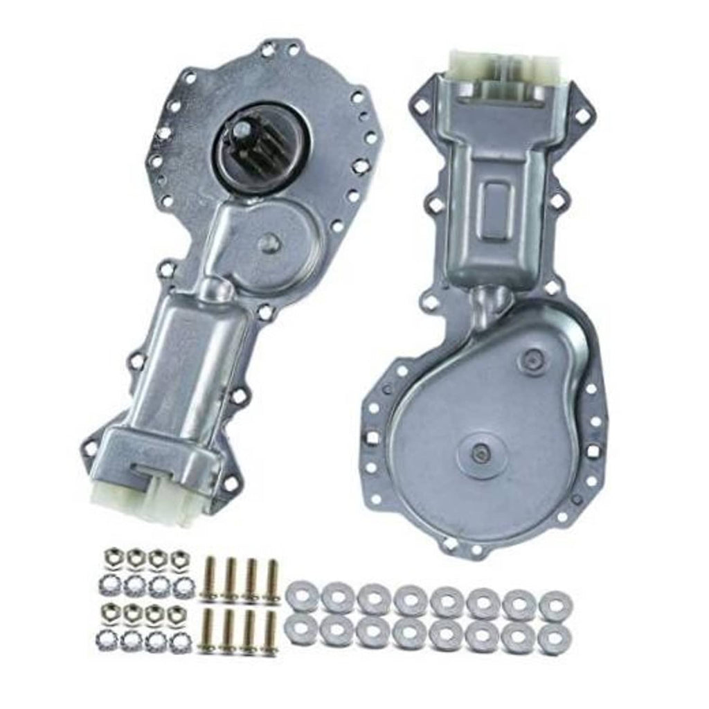 Set of 2 front power window motors with metal housings and electrical connectors, gray