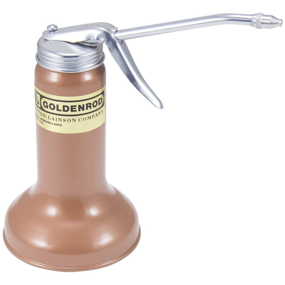 Pistol pump oiler with metal spout and bronze bottle, threaded pump top