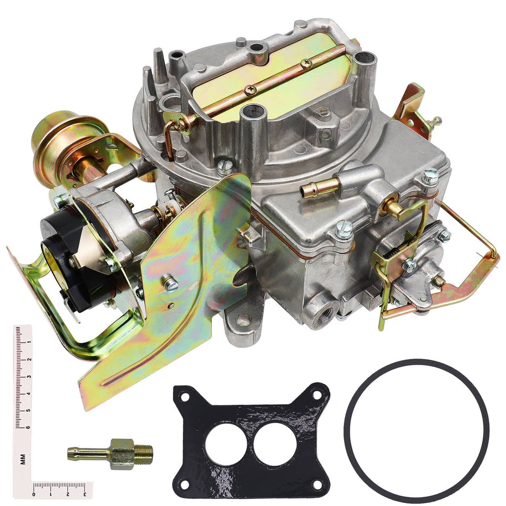 Two-barrel carburetor with silver body, rainbow protective plates, and mounting gasket
