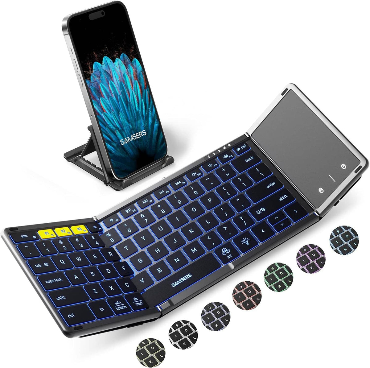Foldable wireless keyboard with touchpad and blue backlit full-size key layout