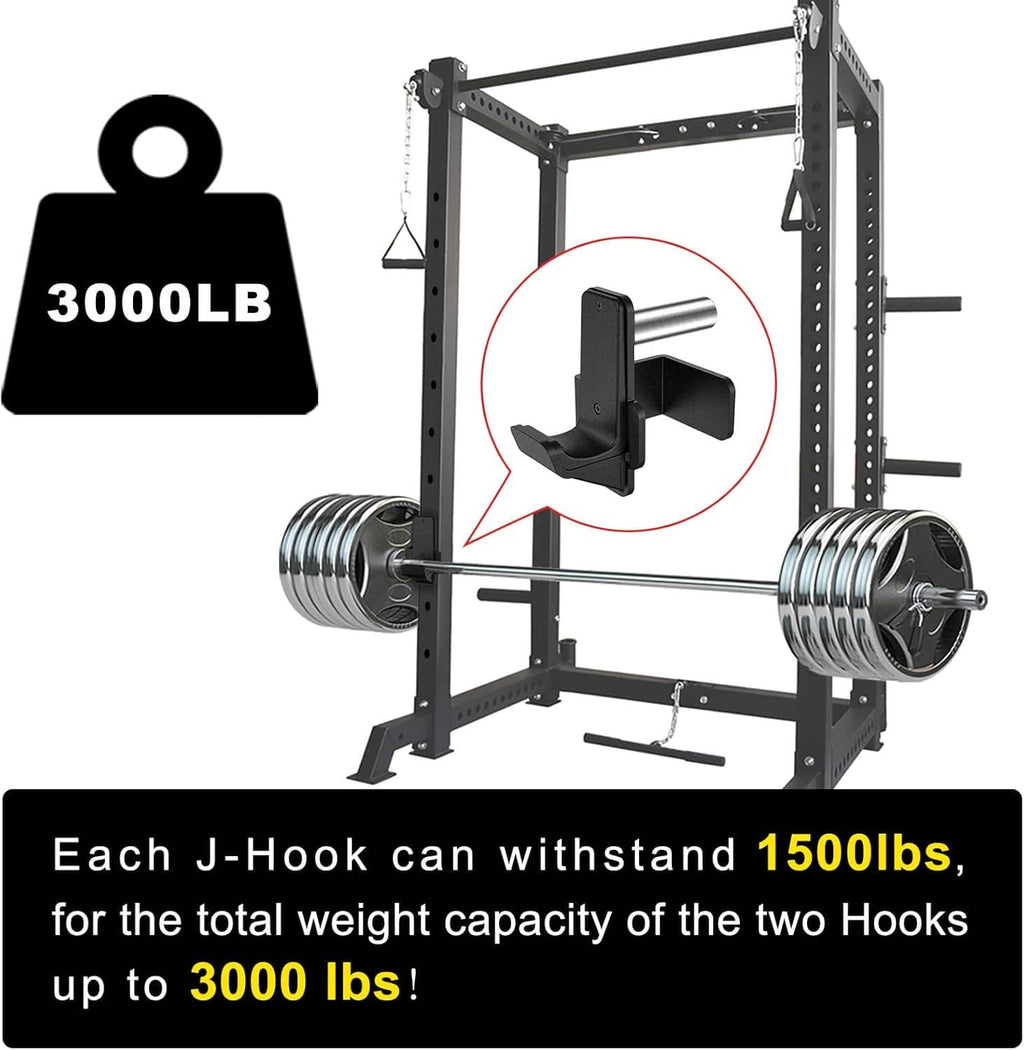 Black J-hook pair installed on a power rack, supporting a barbell on cradles
