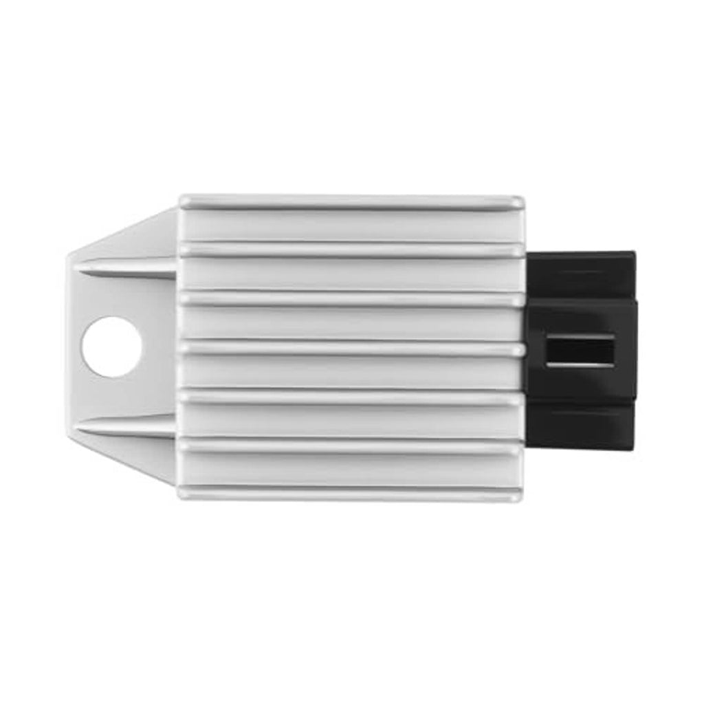 12V 4-pin voltage regulator rectifier side view with silver finned body and oval mounting hole