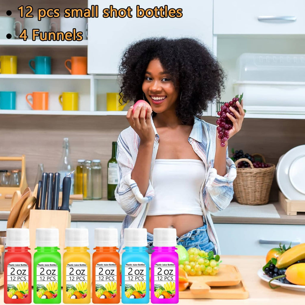 Colorful 2 oz mini juice bottles with white caps, small 12-pack lineup