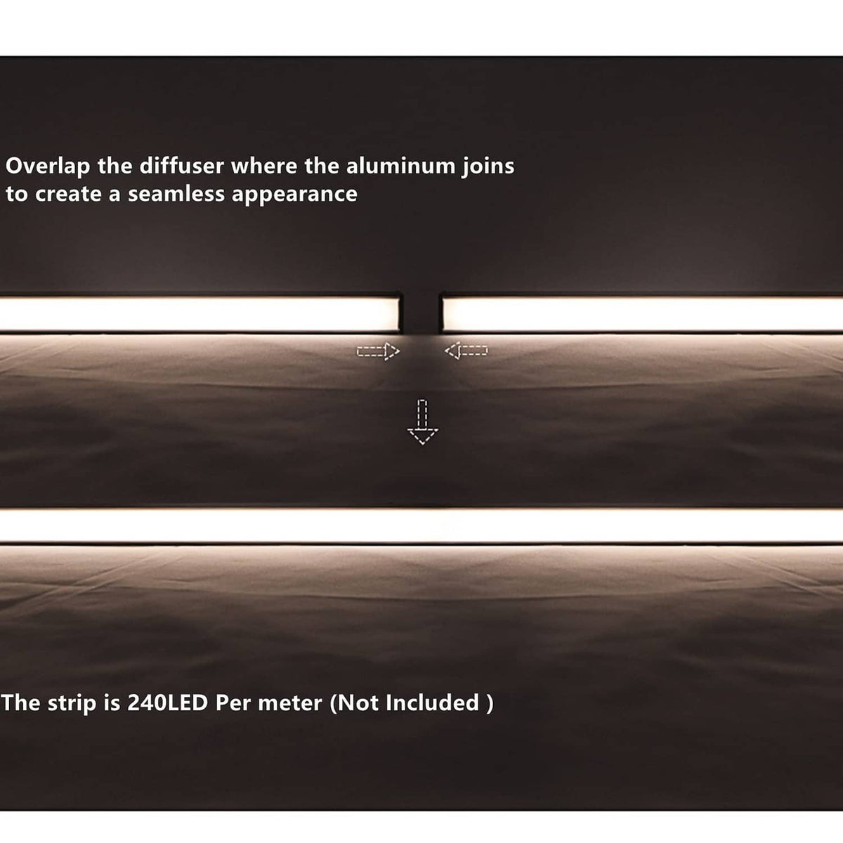 Overlapped LED diffuser channel section for seamless appearance and uniform illumination