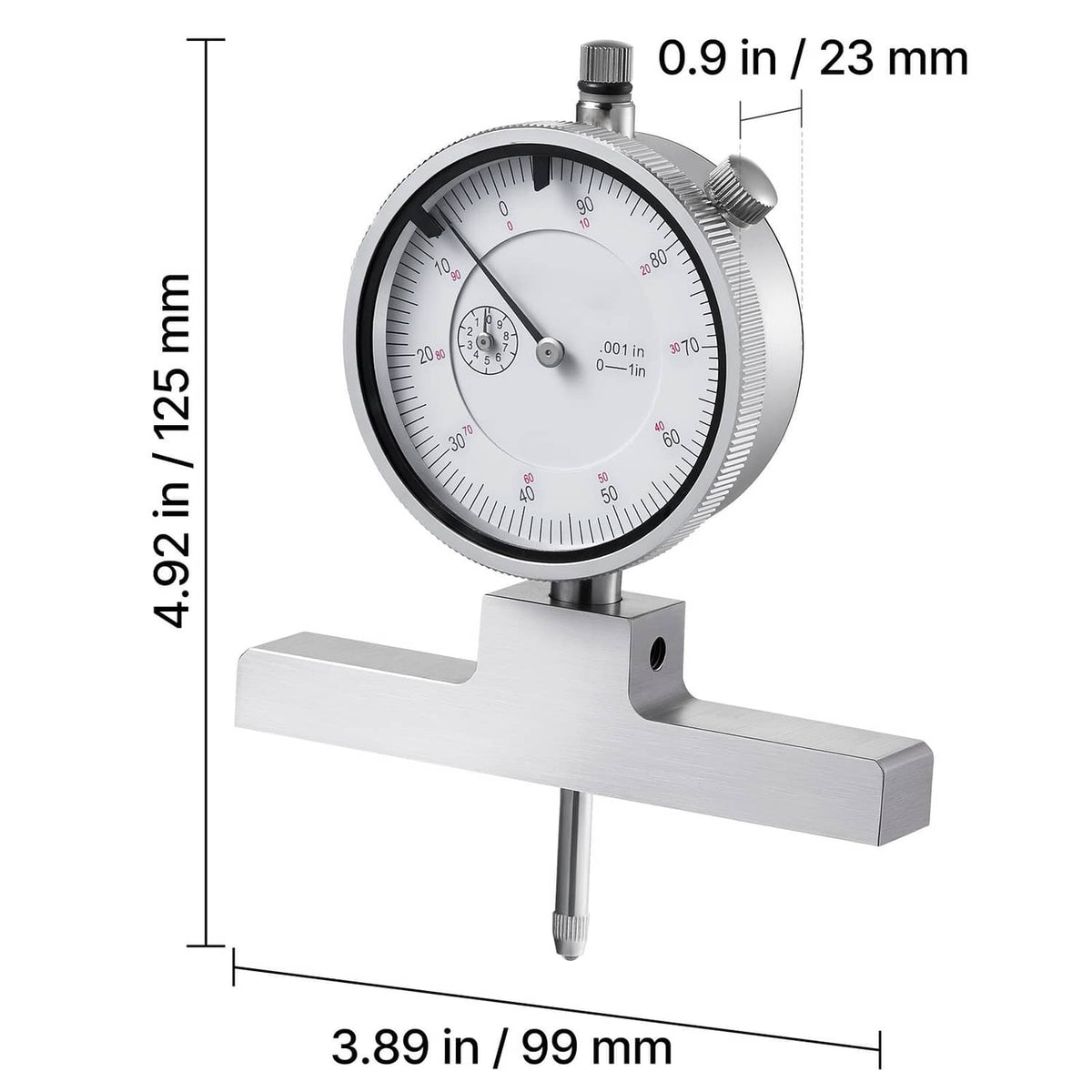 Dial depth gauge micrometer side view with round scale and horizontal anvil bar