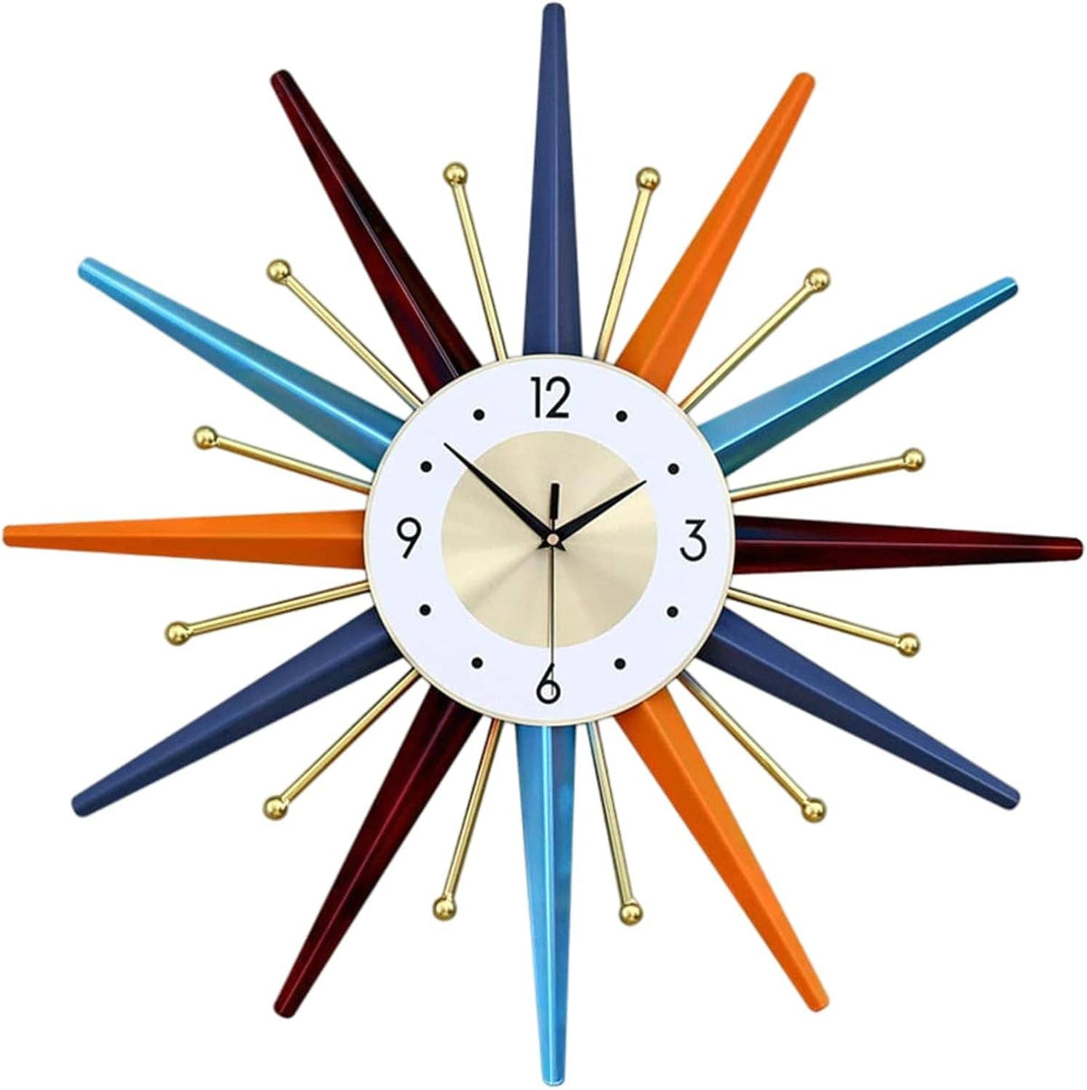 Mid-century starburst wall clock with orange, blue, and red hands on a white dial.