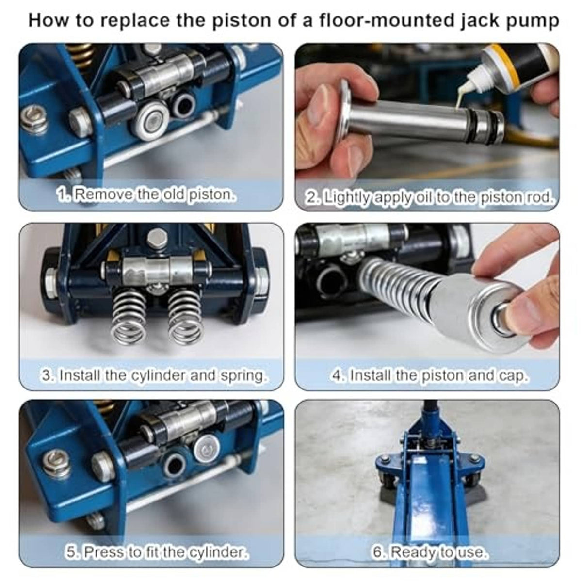 Floor jack piston replacement guide showing cylinders, springs, caps, and O-rings