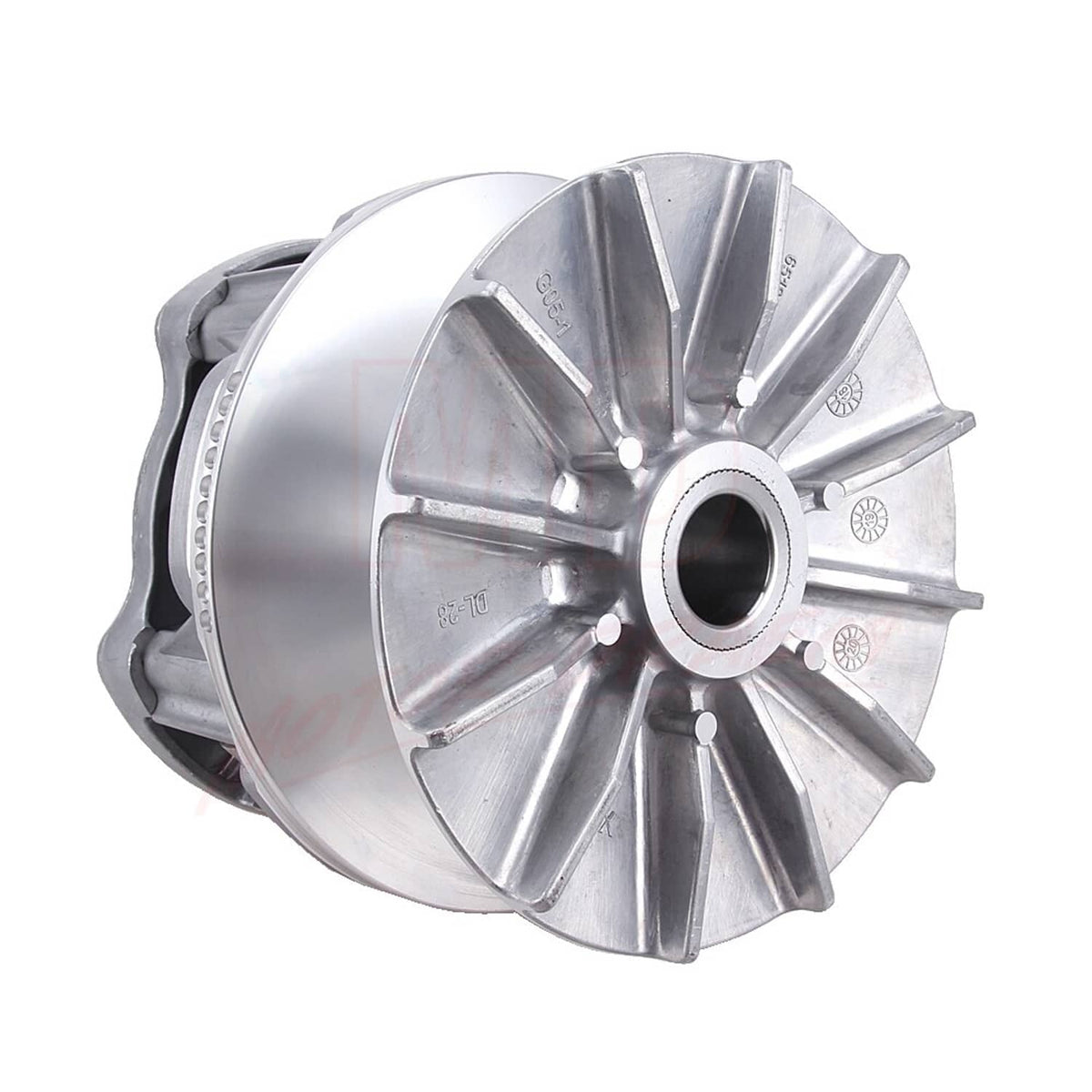 Clutch assembly front view with vented multi-spoke metal cover and center hub opening