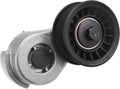 Automatic belt tensioner with black pulley, silver bracket and hex bolt