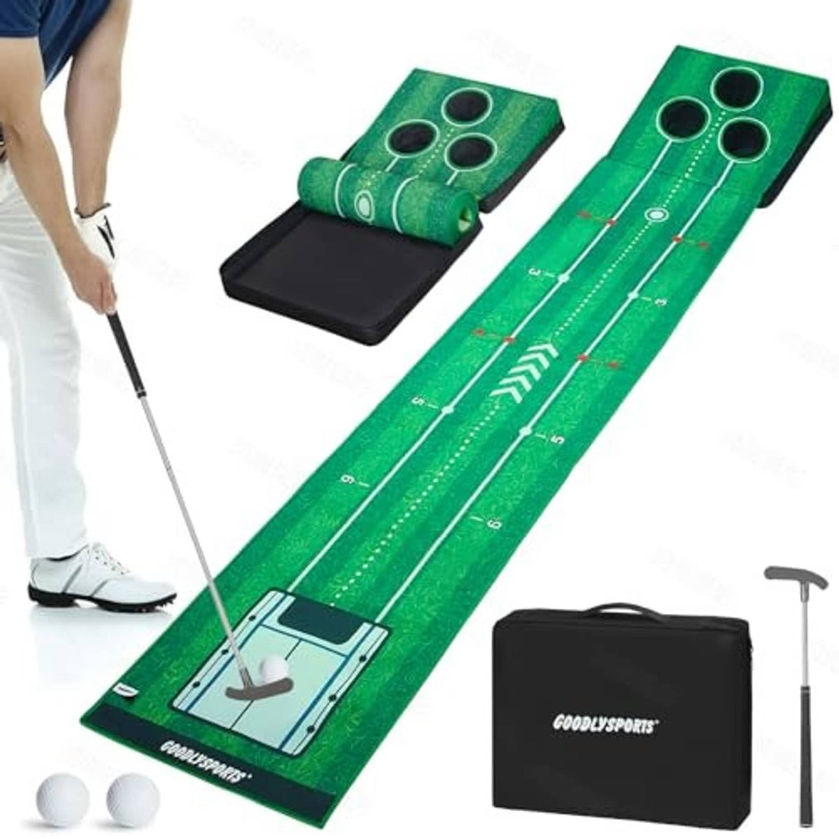 Green indoor putting mat with ball tracks, alignment lines, three target holes, and black case