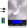 Digital food scale with blue LCD display, stainless platform, and black control buttons.