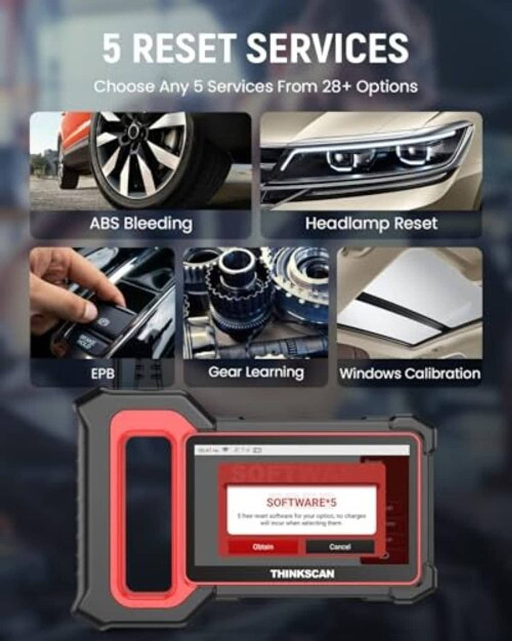 OBD2 scanner reset services feature graphic with vehicle service options