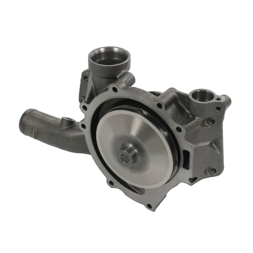 Water pump with round impeller face and mounting ears, gray cast metal body