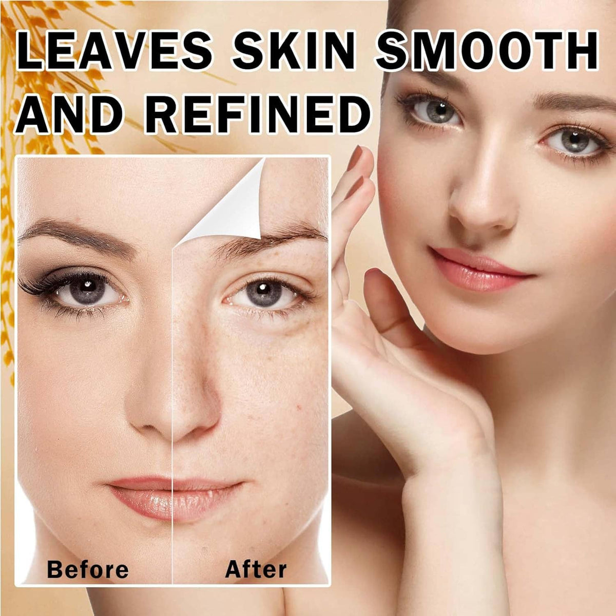 Face care serum concept with serum bottle and white box shown with before-and-after panels