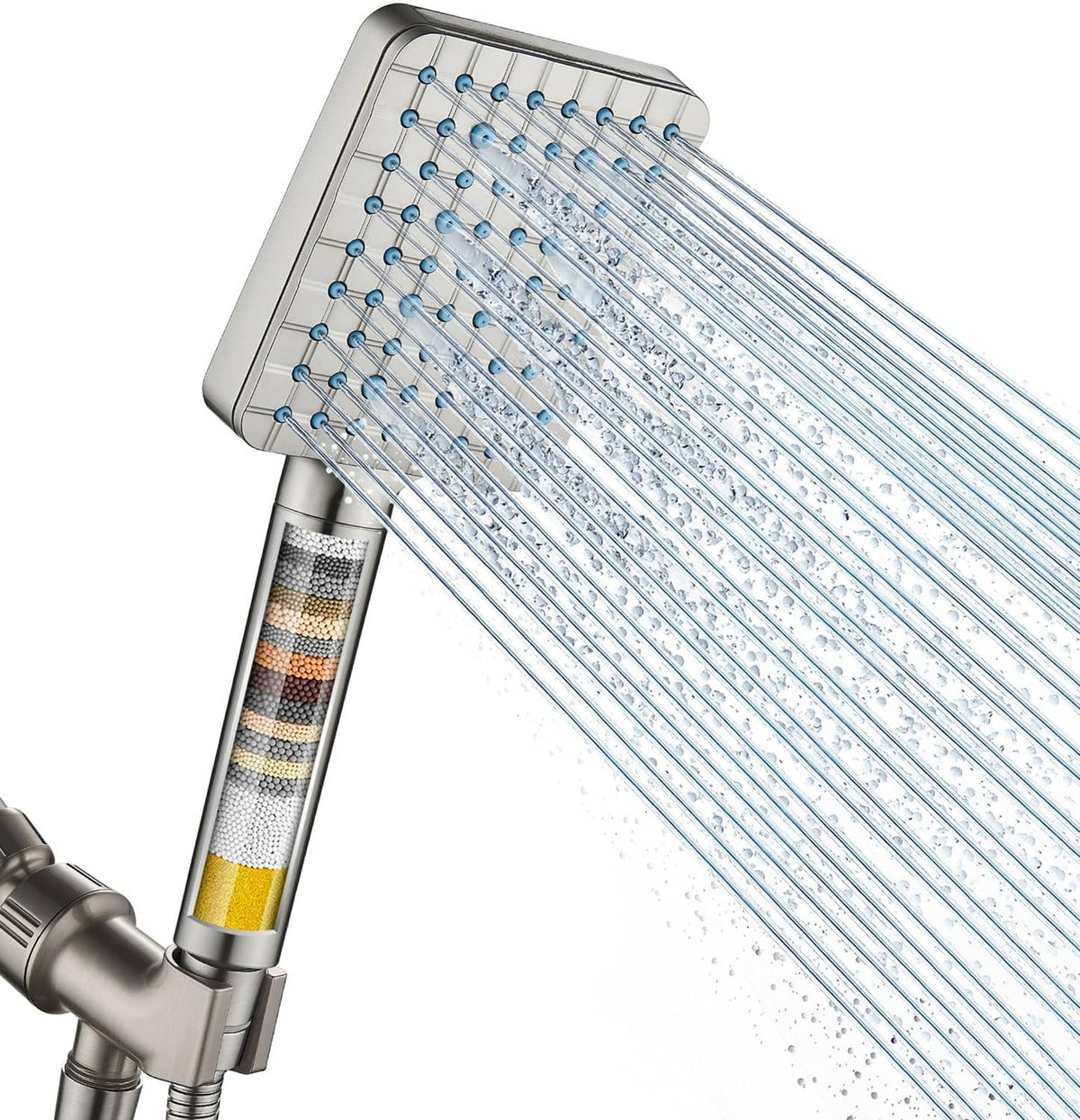 Brushed nickel handheld filtered shower head with spray face and hose connection