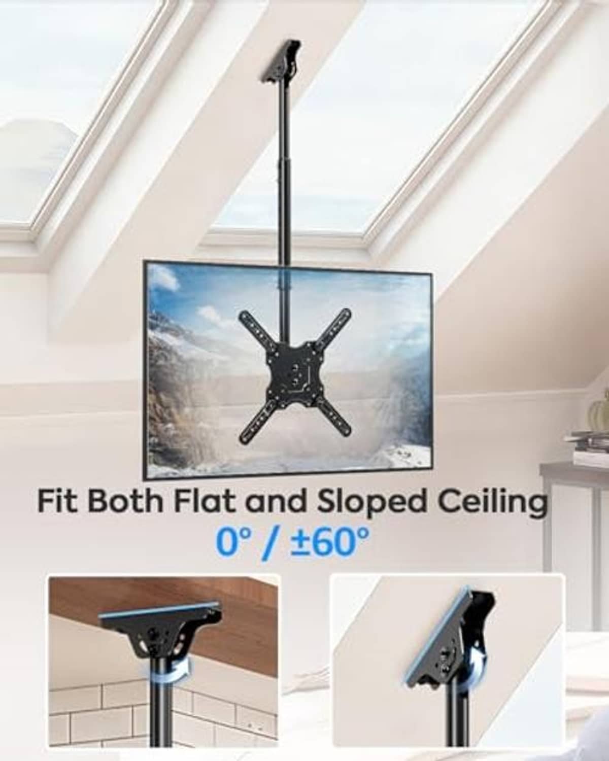 Ceiling TV mount with adjustable tilt for flat and sloped ceiling installation