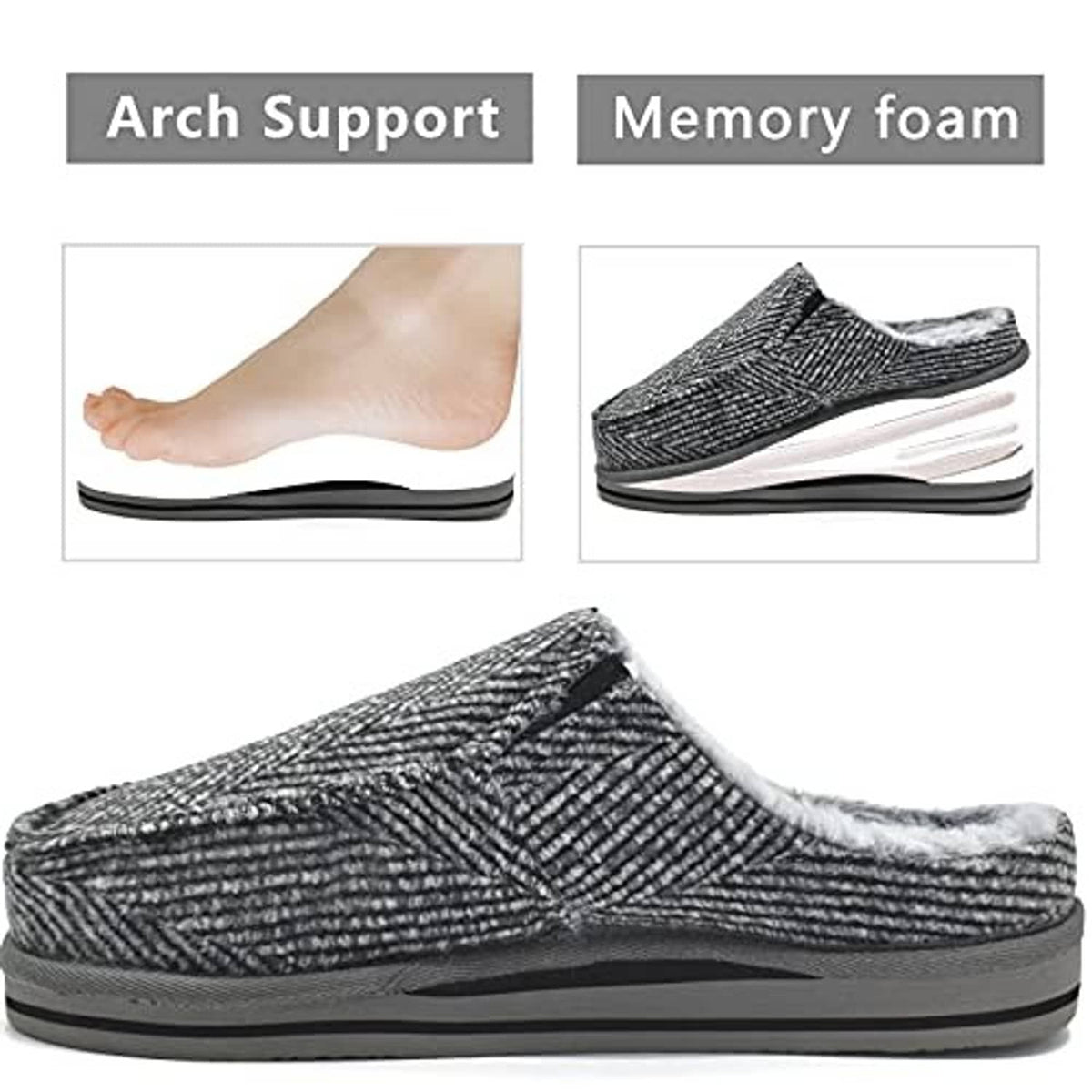 Grey herringbone clog slippers with plush lining and supportive-looking thick sole