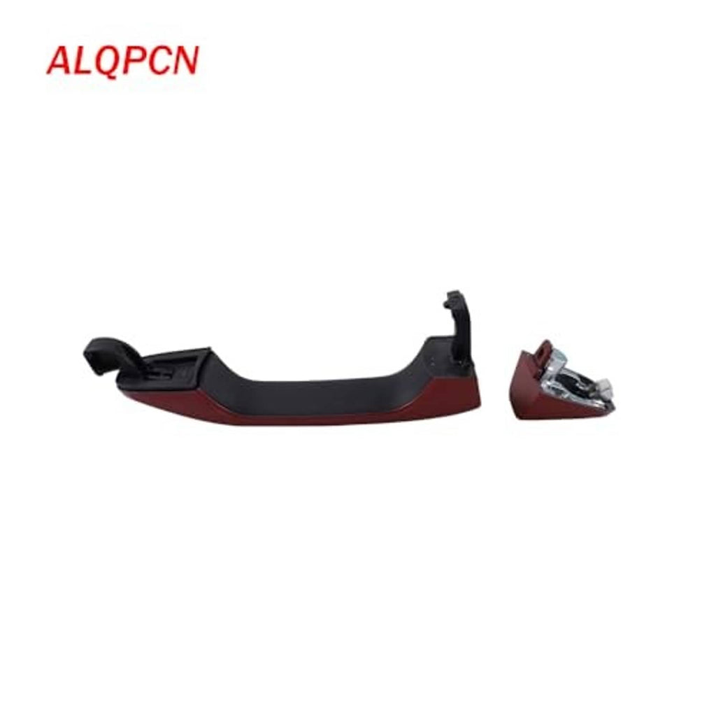 Exterior door handle assembly with red cover, black base, and mounting hardware