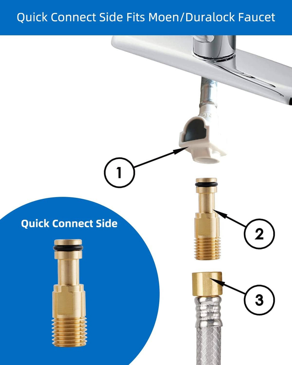 Chrome side sprayer quick-connect adapters with braided hose for faucet installation