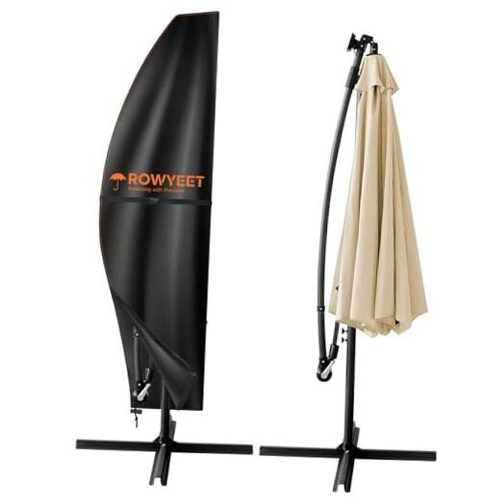 Cantilever umbrella cover set with black and light tan covers, tailored fabric panels