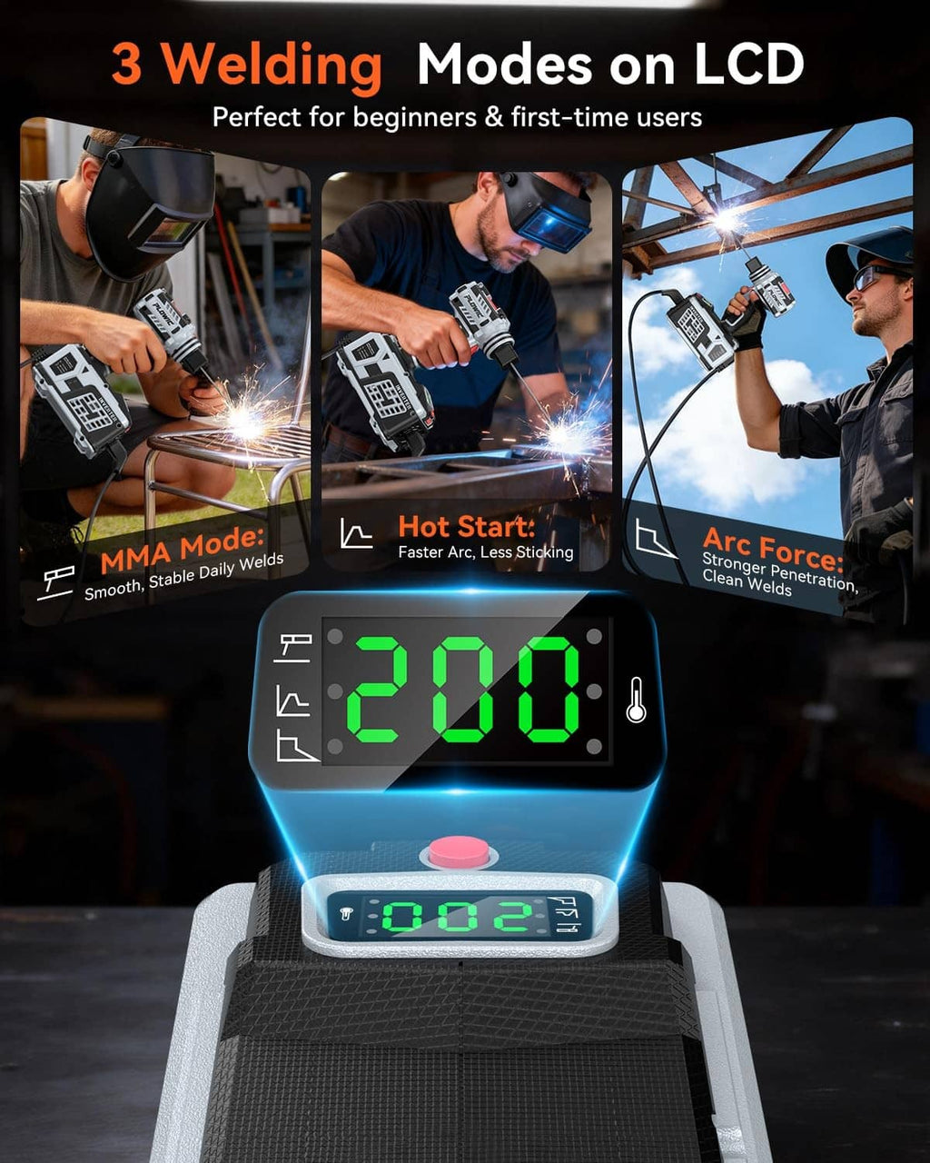 Gray welding machine on base with large LCD screen and visible welding leads