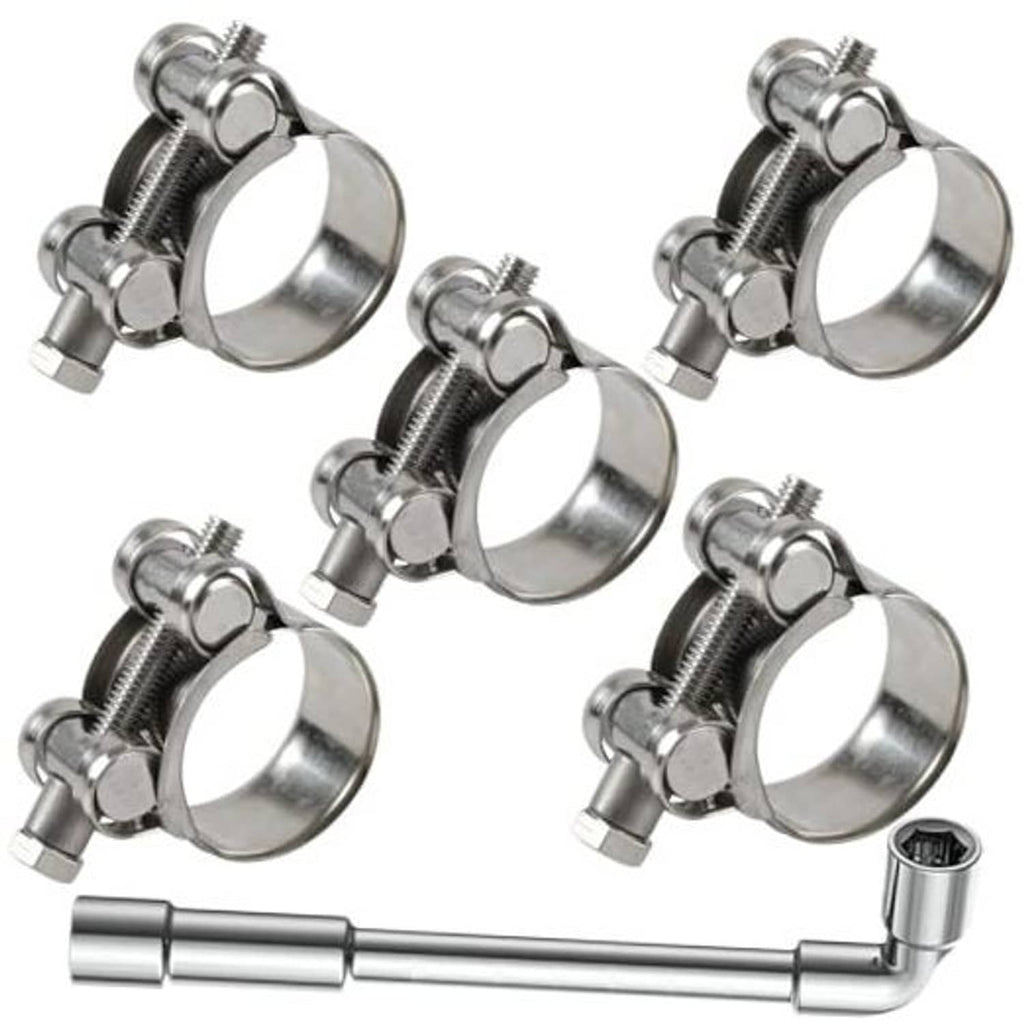 Set of stainless steel T-bolt hose clamps with threaded bands and hex screws