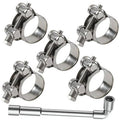 Set of stainless steel T-bolt hose clamps with threaded bands and hex screws