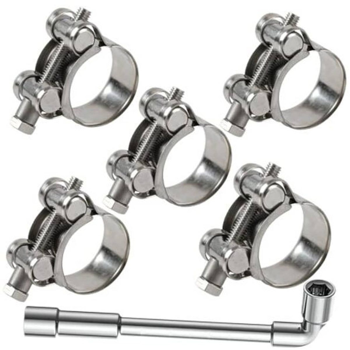 Set of stainless steel T-bolt hose clamps with threaded bands and hex screws