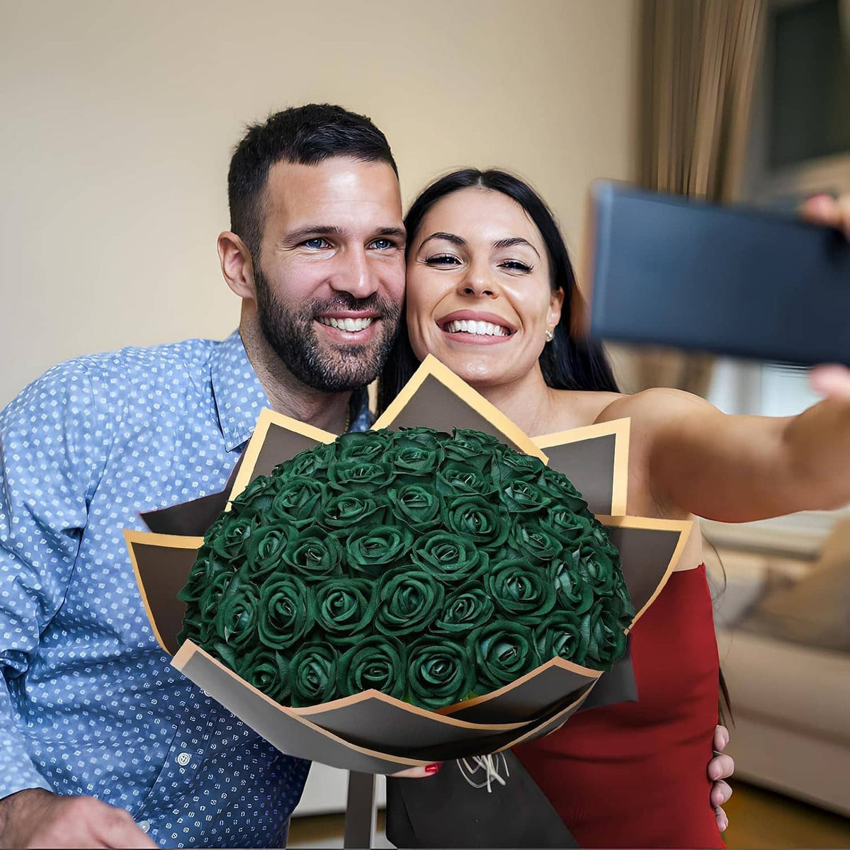 Dark green artificial rose bouquet in a gift box held by two people smiling
