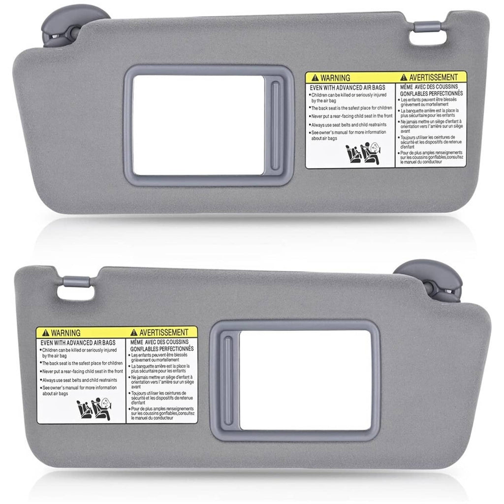 Gray sun visor set with mounting clips, LH and RH, mirror windows and labels
