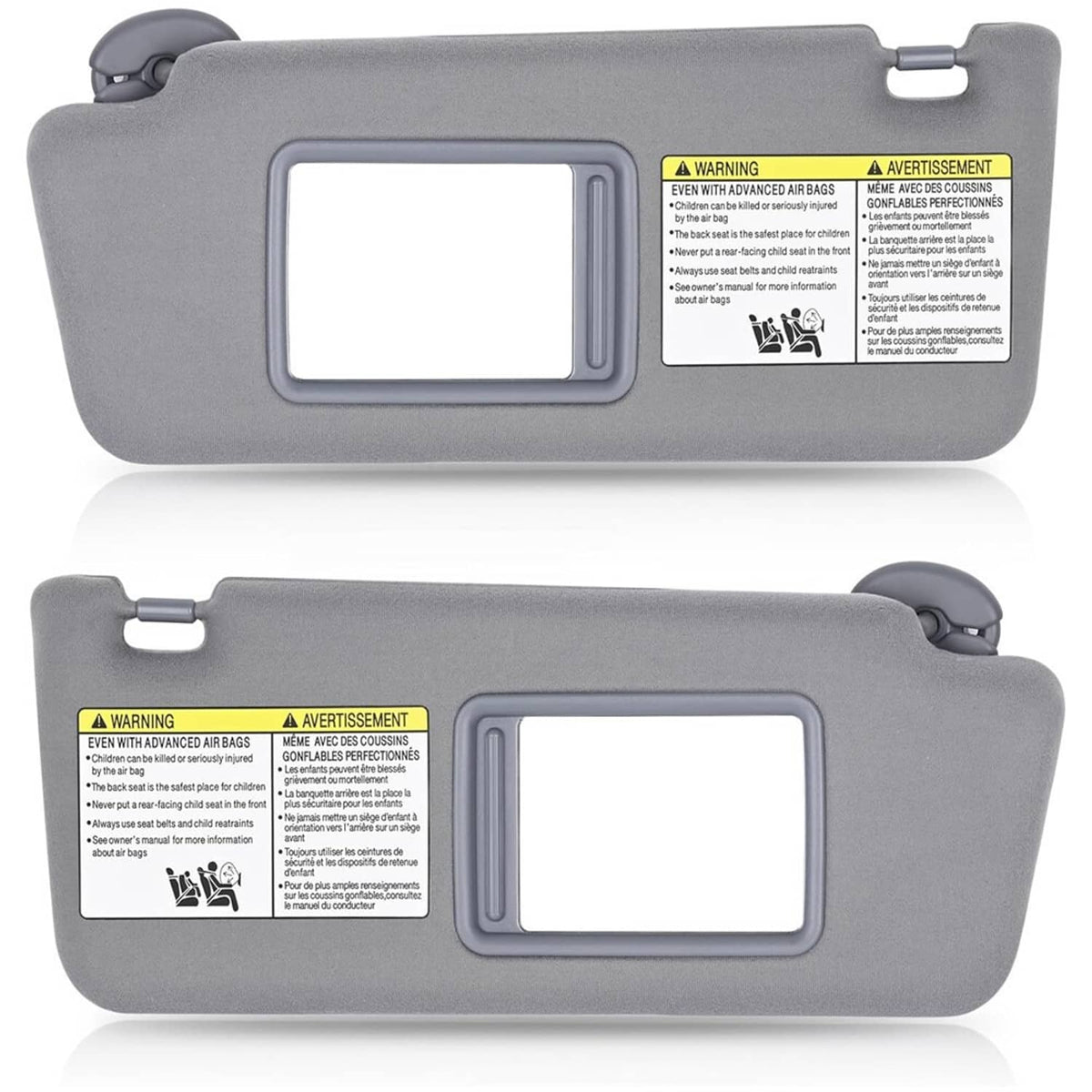 Gray sun visor set with mounting clips, LH and RH, mirror windows and labels
