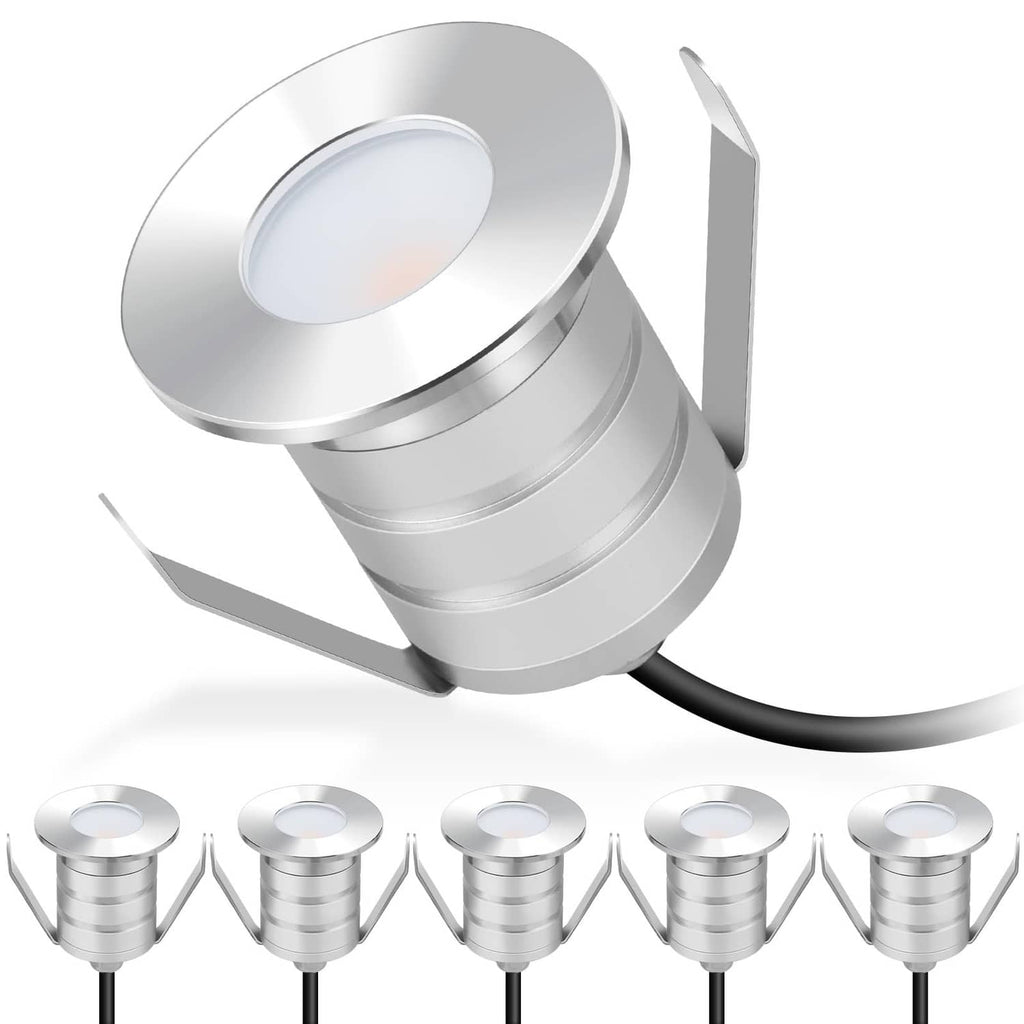Recessed outdoor LED spotlight with brushed stainless steel housing, brackets, and wire
