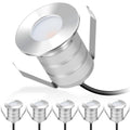 Recessed outdoor LED spotlight with brushed stainless steel housing, brackets, and wire