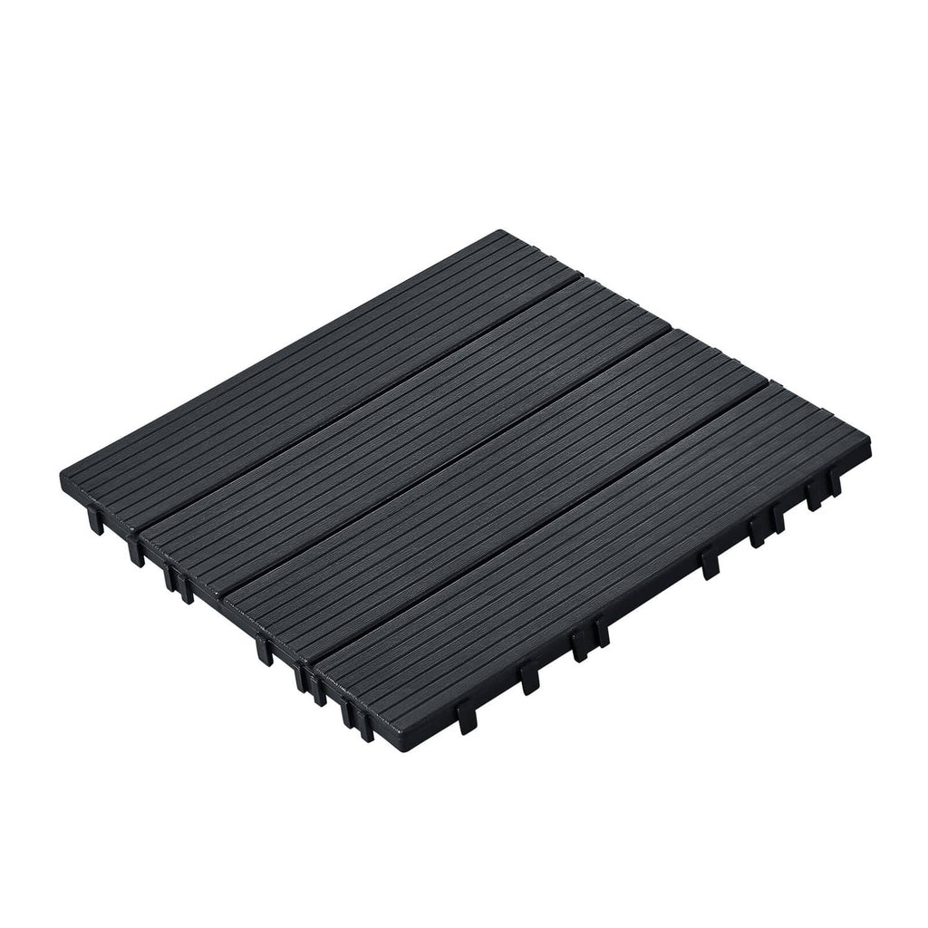 Interlocking plastic deck tile, dark grey slatted surface with corner clips