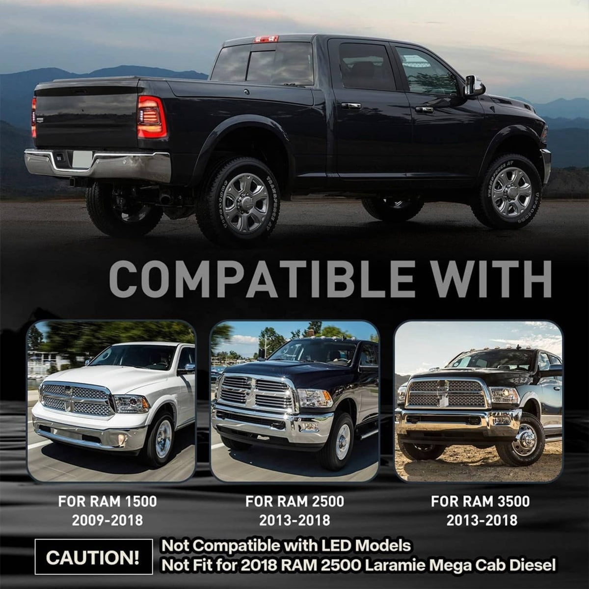 Pickup truck rear with installed LED tail lights, red lenses and clear inner LED sections