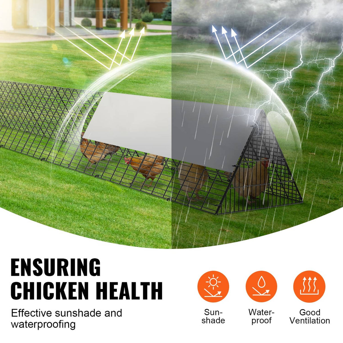 Chicken tunnel with white waterproof roof cover on yard grass, black wire mesh sides