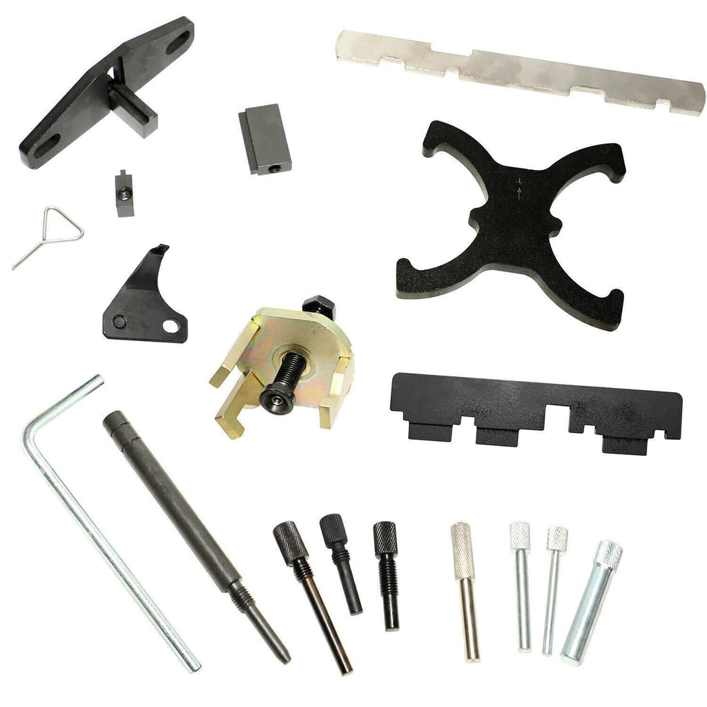 Engine timing tool kit with black plates, crank holder, threaded pins, and rods