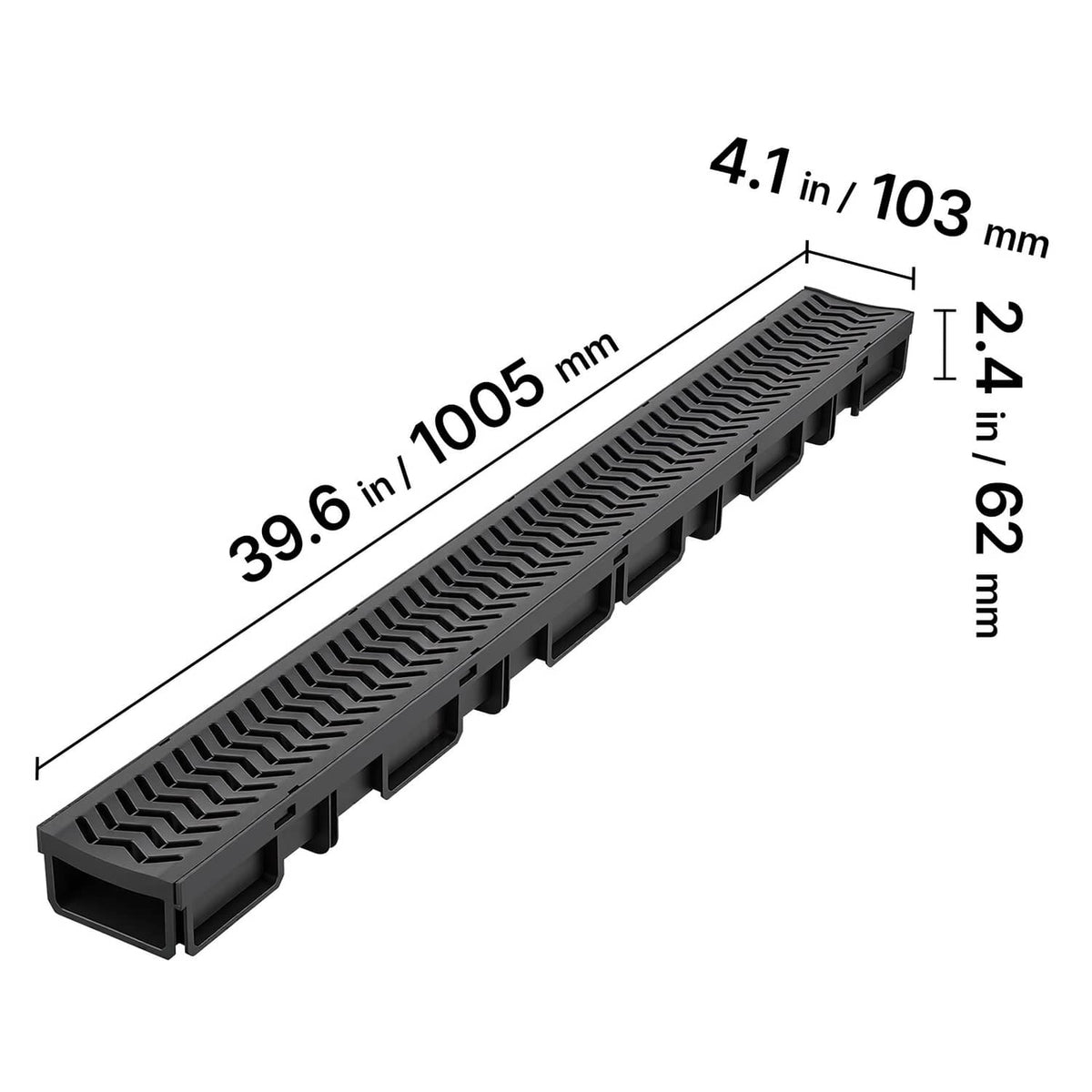 Dark HDPE linear trench drain with long slotted top and side connection slots