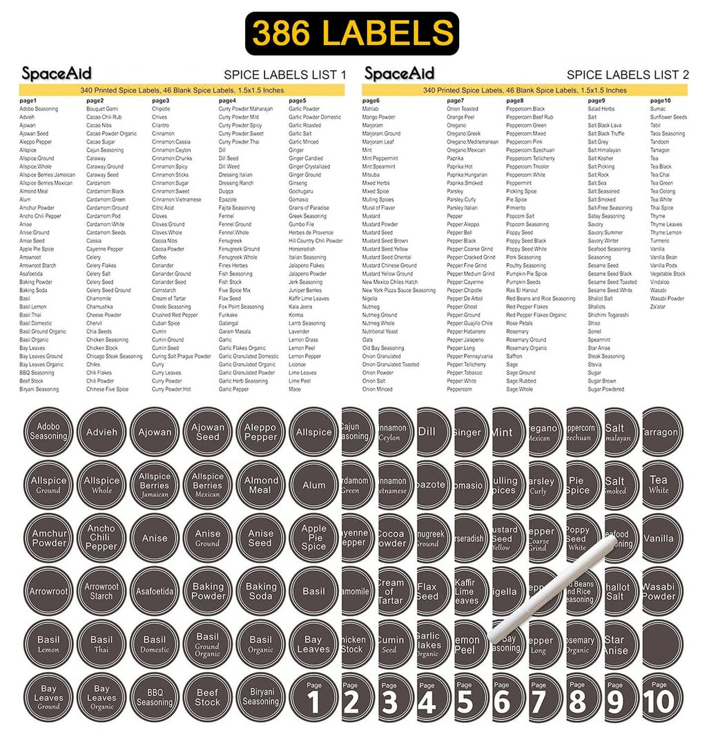 Spice label set with round jar sticker labels and numbers 1–10