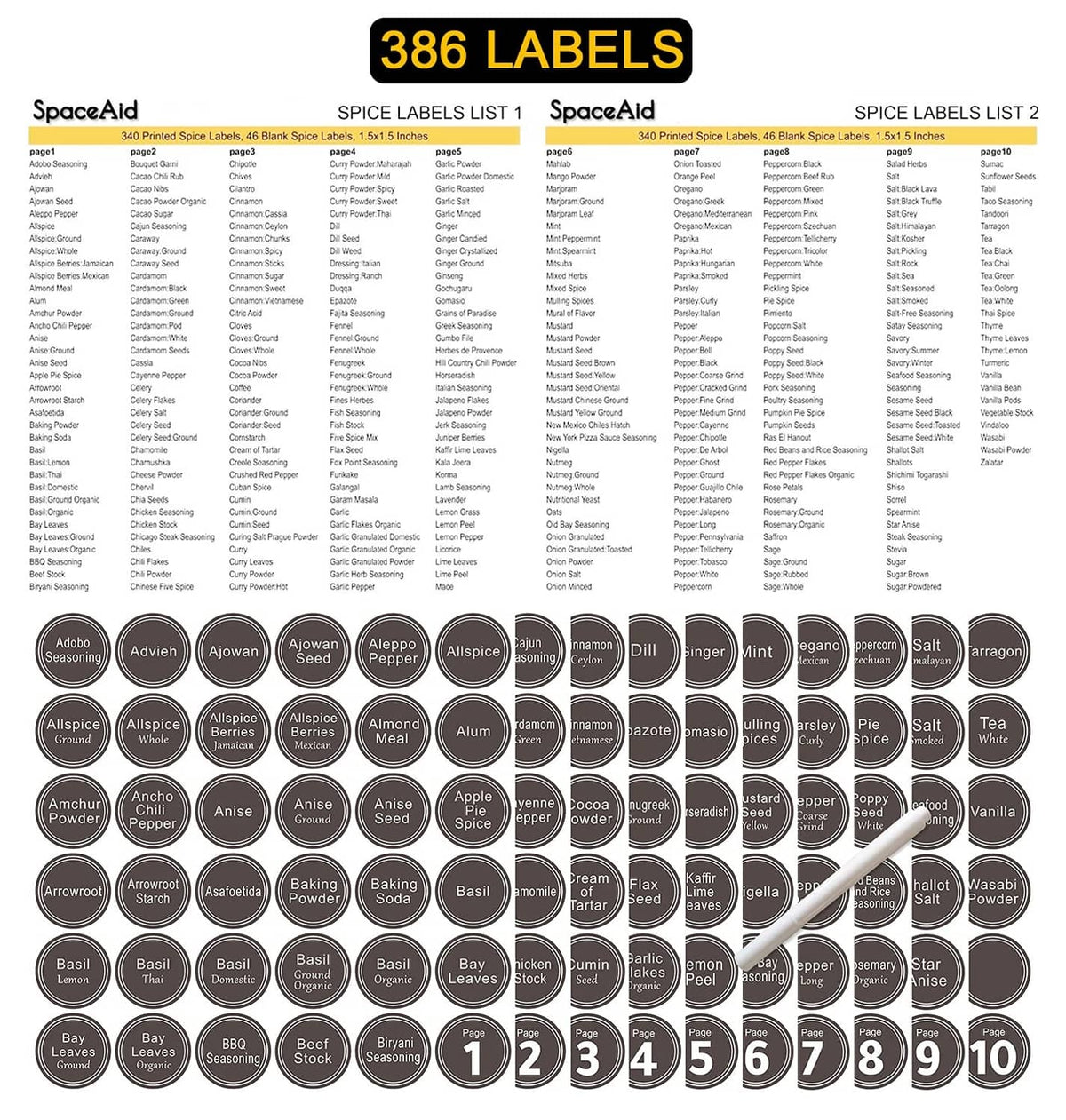 Spice label set with round jar sticker labels and numbers 1–10