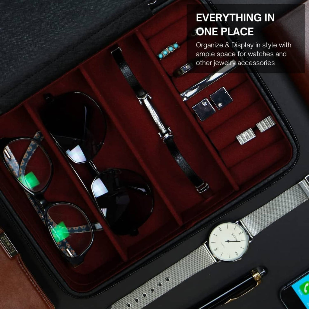 Open black jewelry organizer with red dividers for rings, watches, and sunglasses